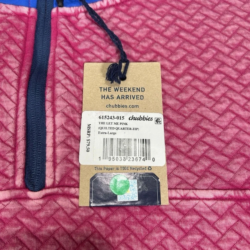 NWT Chubbies The Let Me Pink Blue 1/4 Zip Quilted Jacket Fleece‎ Mens XL